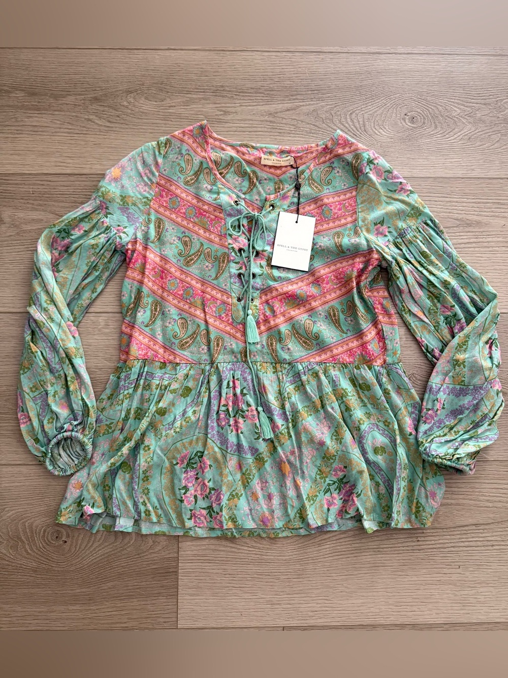 Spell & The Gypsy Collective City Lights Blouse Lace-Up Peasant Top in Sage